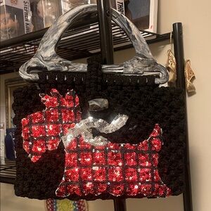 Black Crochet Tote with Red Sequin Scottie Dog Accent